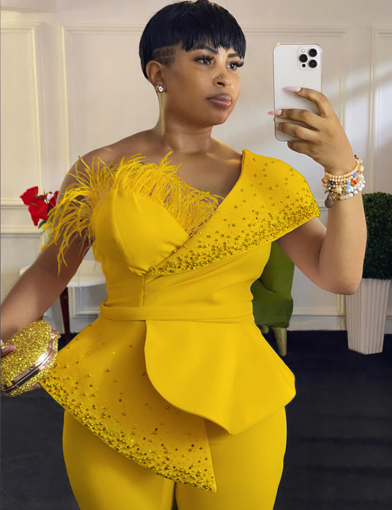 Elegant Jumpsuits For Women Shoulder Sleeveless Beading Dias Wide Leg Pants One Piece Outfit Ocn Party Clothing