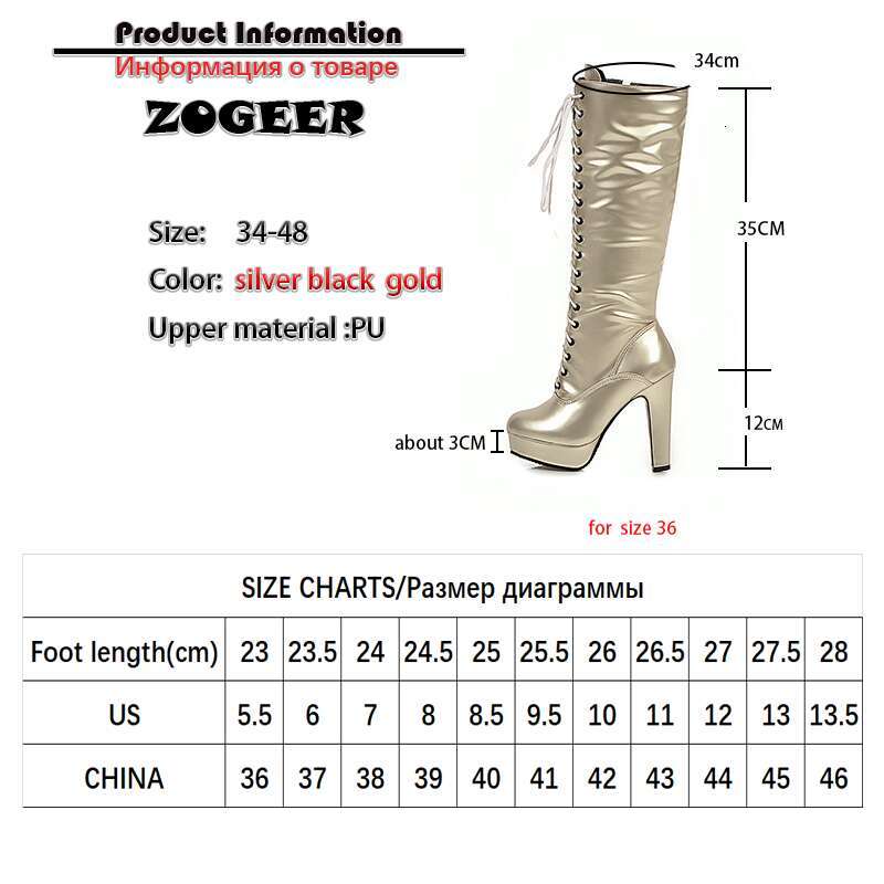 Lace Up Knee Women Winter Shoes Autumn Black Gold Sier High Heel Platform Boots Female PU Leather Large Size 46