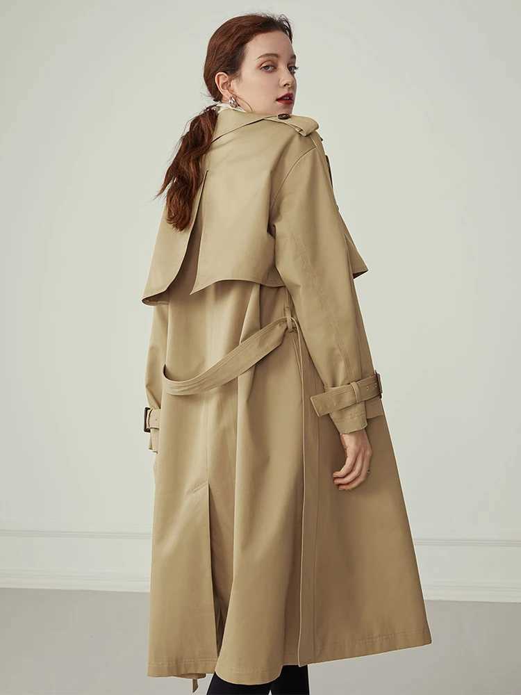 FSLE 100% Cotton Khaki Long Women Trench Coat Autumn Winter Turn Down Collar Women Clothes Causal Full Sleeve Belt TrenchX240921