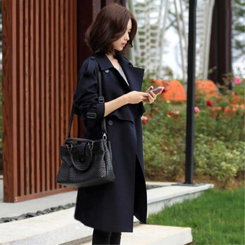 Navy Blue England Style Womens Windbreaker Baggy Mid Long Trench Coat 2024 Spring Autumn New in Outerwears with Belt JacketsX240921