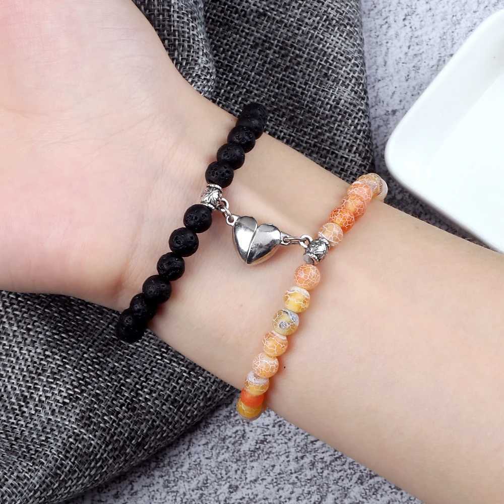 2Pcs/Set Romantic Heart Shape Magnet Pendant Bracelets 6 8MM Weathered Stone Bangles Jewelry Couple Handmade Strench Pulsera NewX240921