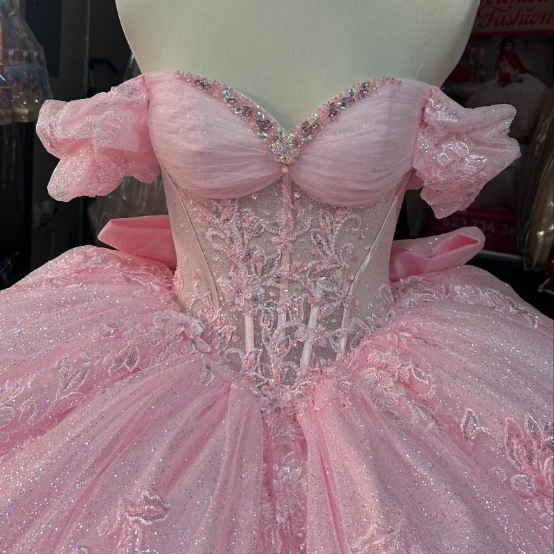 Pink Quinceanera Dresses 2025 Sweet 15 16 Applique Lace Beads Tull Bow Birthday Party Gown Vestidos Para XV Princess Miss Pageant