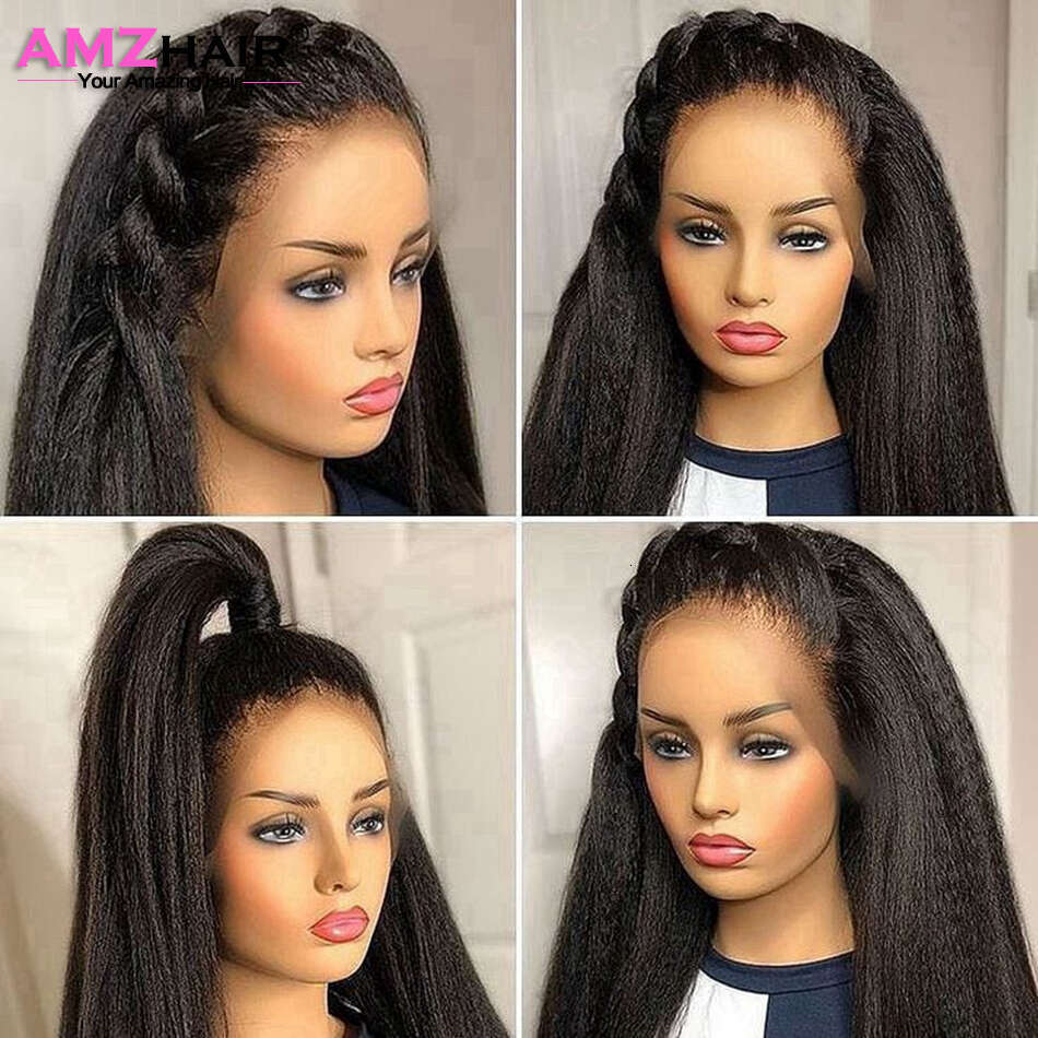 13x4 Kinky Straight Front Wig PrePlucked 180% Density Yaki Transparent Lace Frontal Human Hair Wigs For Women On Sale