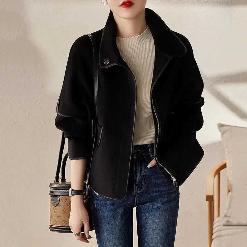 Womens wool coat 2024 spring/summer new loose fit jacket fashionable and casual stand up collar dollar sleeves hem wool jacket for women W240921