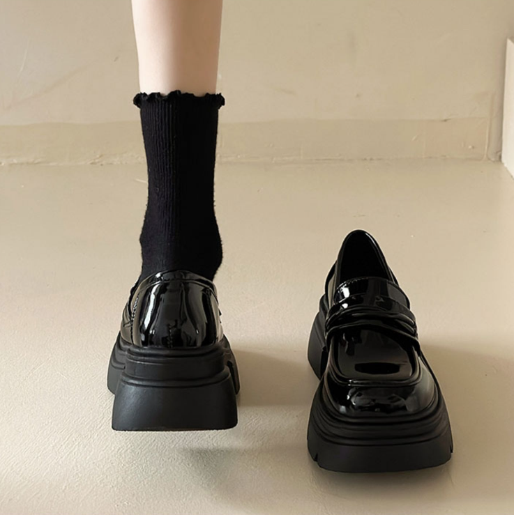 Casual Women's Slip-On Chunky Heel Leather Shoes with Thick Sole in Triple Black and Brown 9f10