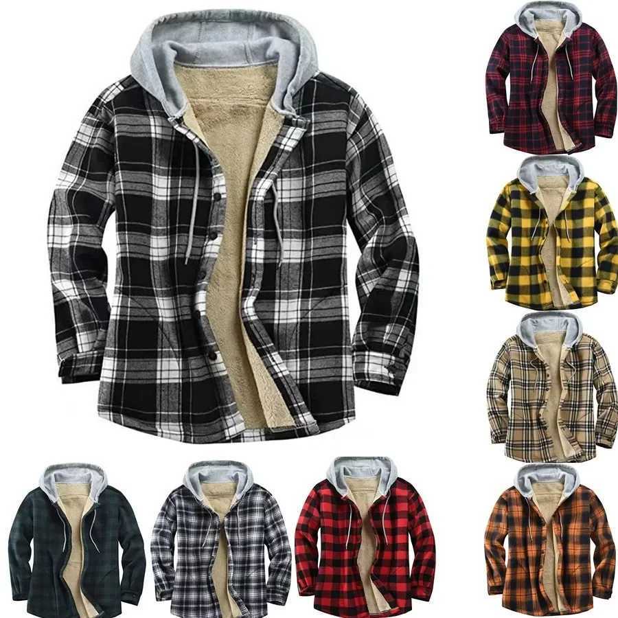 The New Plaid and Fleece Long Sleeve Hooded Combined Fleece Loose Mens Jacket Winter Jacket Men Jackets M240921