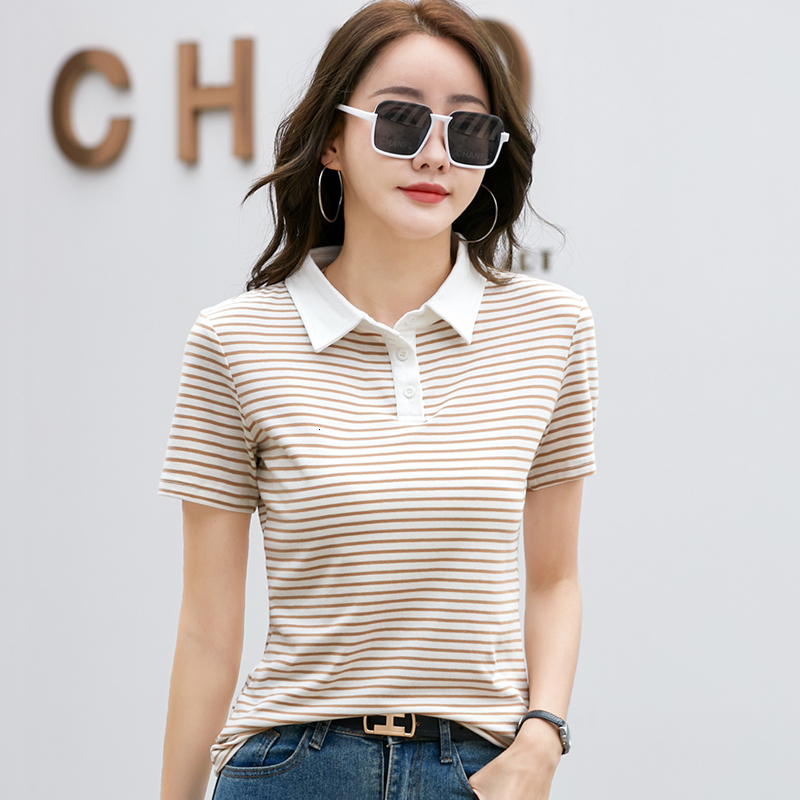 Korean style short sleeved polo shirt, cotton elastic fashionable summer top, elegant knitted striped women's T-shirt, free shipping