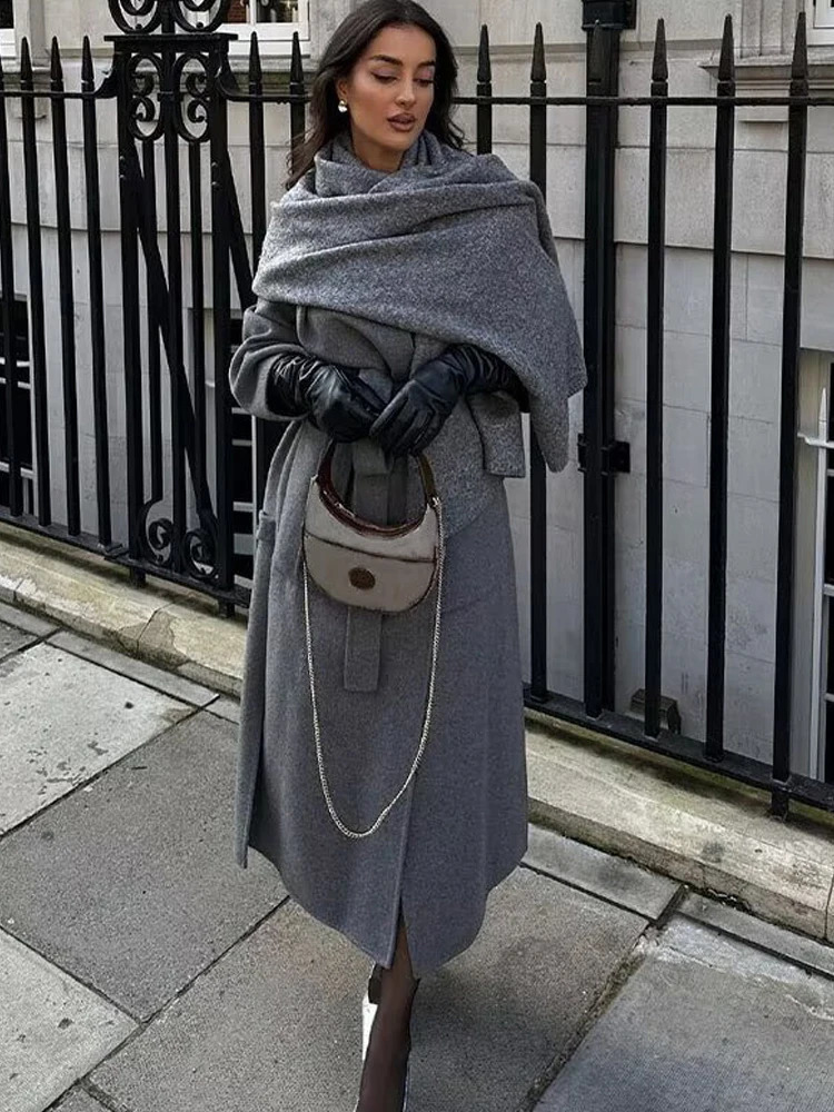 Grey Long Woolen Coats Women Fashion Elegant Wool Blend Jackets Female Winter Vintage Lace-Up Overcoat High Street Chic Coats 240918