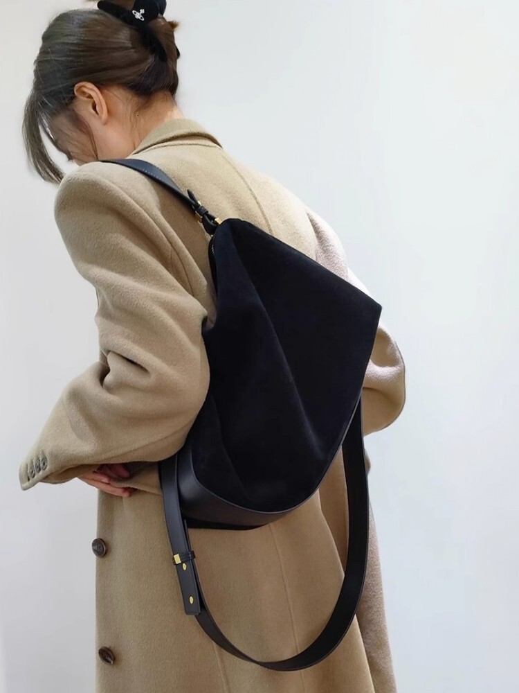 Autumn Office Ladies Vintage Single Shoulder Zip High Capacity Soft Suede Genuine Leather Pillow Bag Women Crossbody Bags