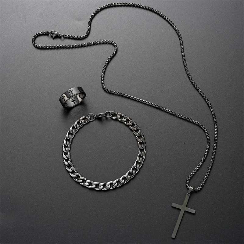 Black titanium steel cross pendant necklace suitable for men women minimalist men women necklace box chain necklace party jewelry set W240918