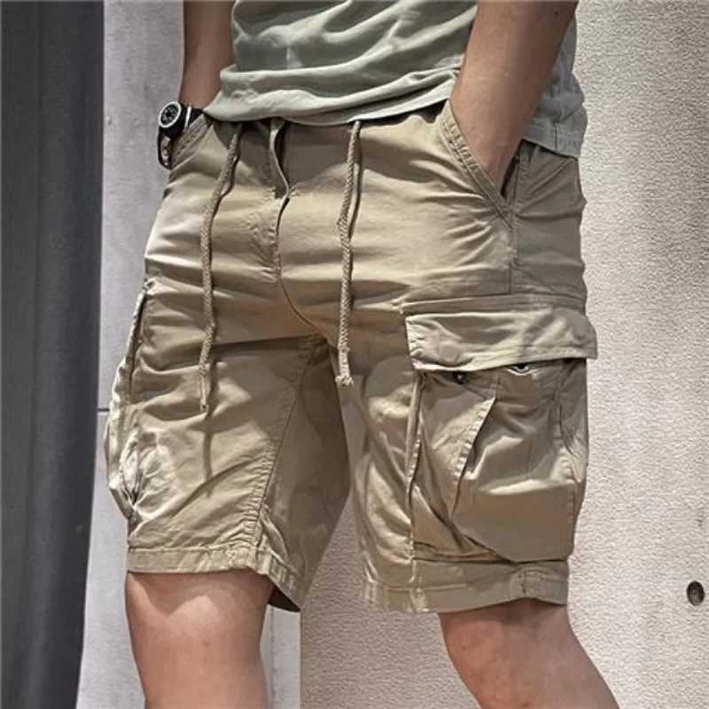 Half Mens Cargo Shorts Solid With Draw String Khaki Male Bermuda Short Pants Summer Korean Style Baggy Elastic Waist Homme Y2kX240921