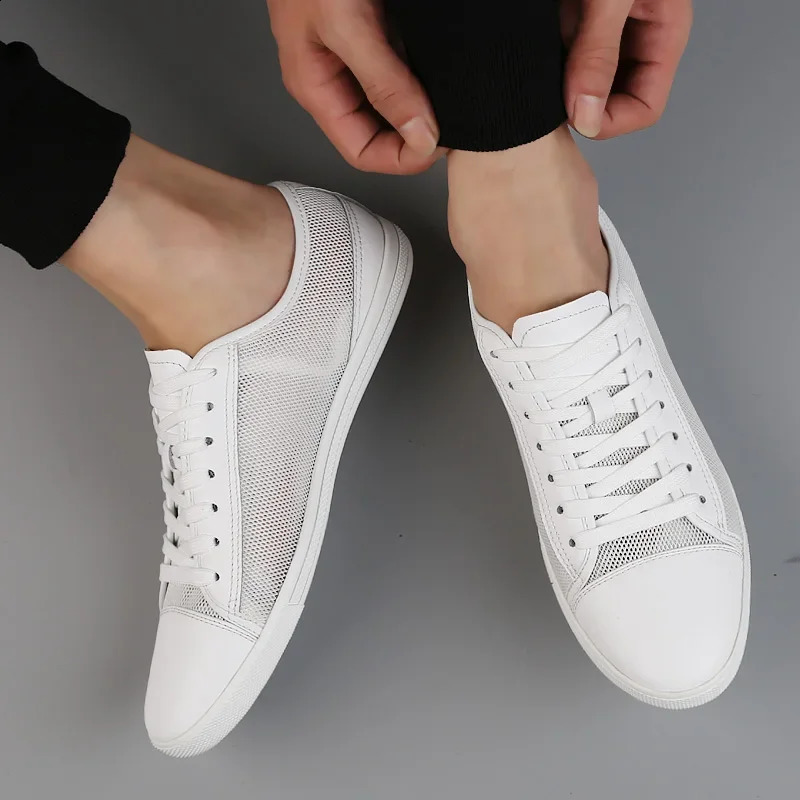 Lightweight Genuine Leather Mens Flats shoes Leisure Trend Korean Version Solid black White summer breathable Men Casual Shoes 240914