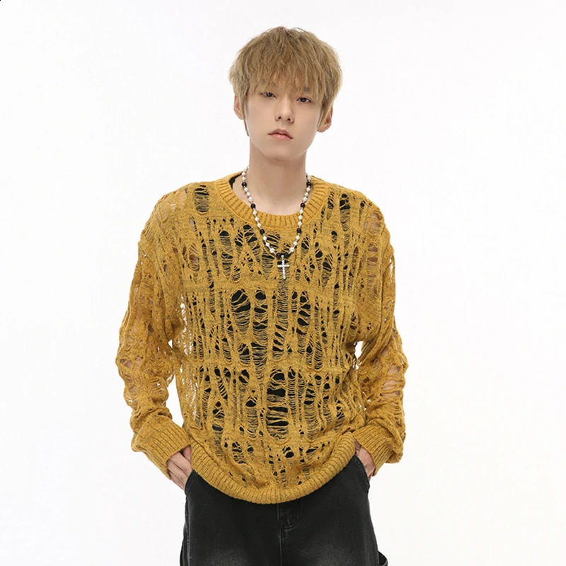 IEFB Nihce n mens sweater casual perforated round neck loose floral clothing autumn fashion 9C7312 240913