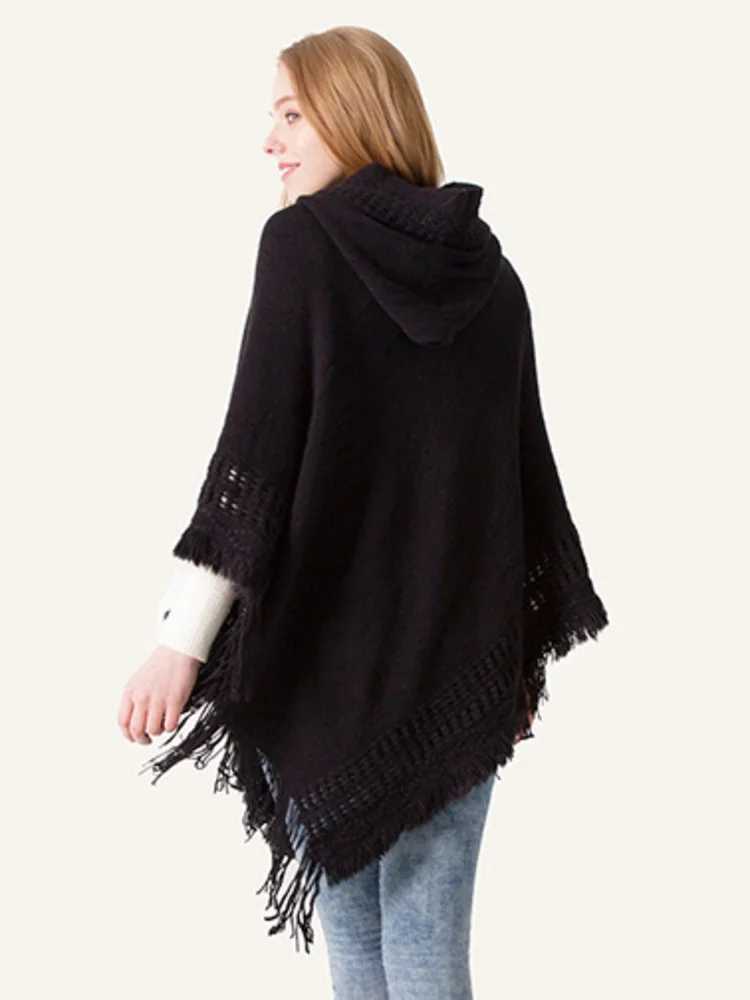 Winter Knitted Hoodie Solid Color Pullover Sweater Womens Casual Tassel Batwing Sleeve Shawl Cape Womens Open Collar W240921