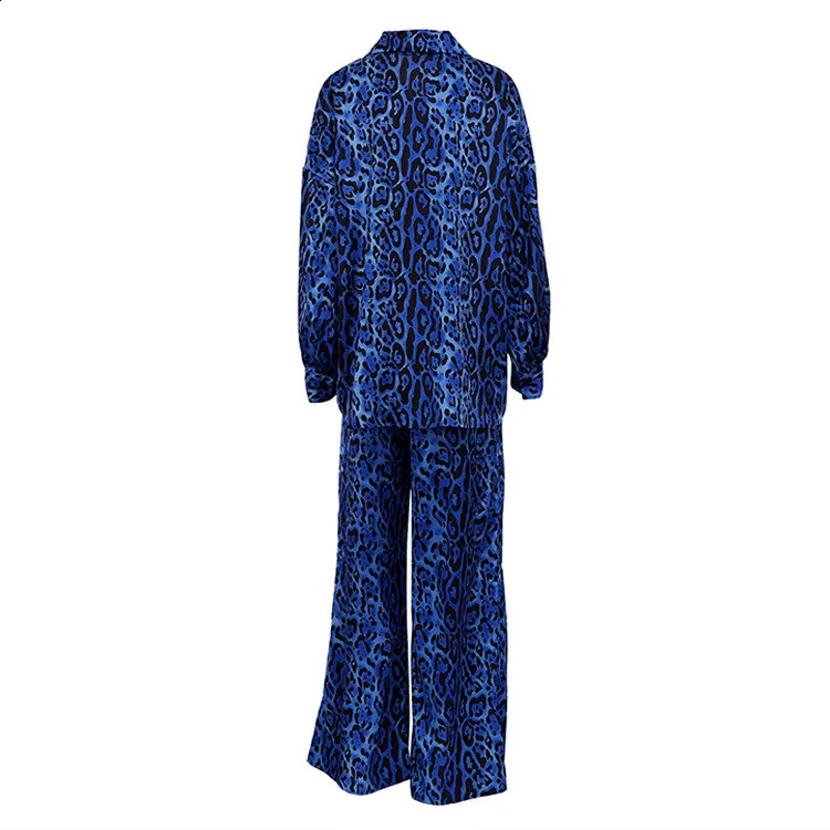 Women Long Sleeve Leopard Print Blouses Suits With Long Pants Fashion Blue Two Piece Sets Tracksuits Ladies Outfits 240918