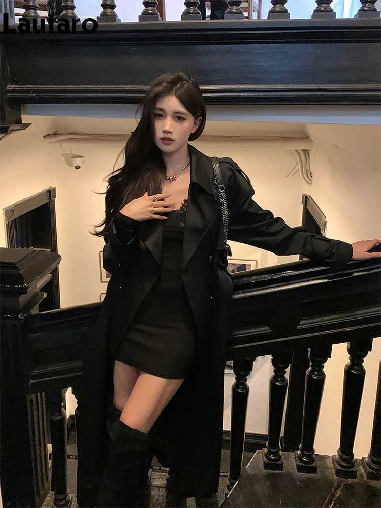 Lautaro Spring Autumn Long Black Hard Waterproof Trench Coat for Women Belt Double Breasted High Quality Luxury Overcoat 2024X240921