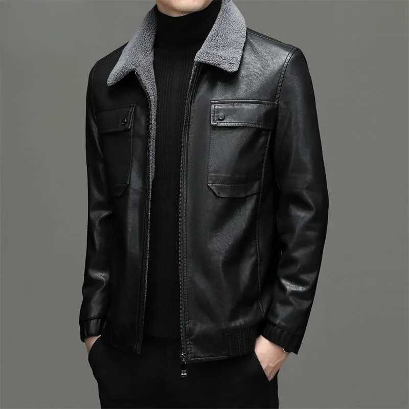 Winter new mens wool lined sheepskin jacket high-end ultra-thin suitable for large mens leather jackets casual solid color lapel jackets W240918