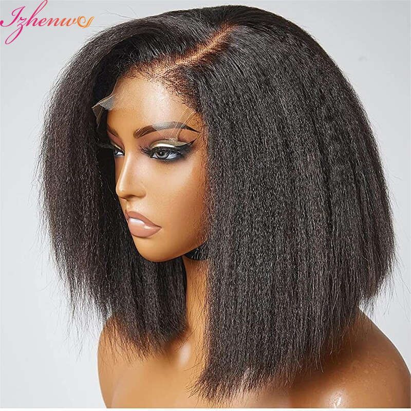 Transparent Kinky Straight Front Pre Plucked Yaki 13X4 Short Human Hair For Woman 4X4 Lace Closure Bob Wigs