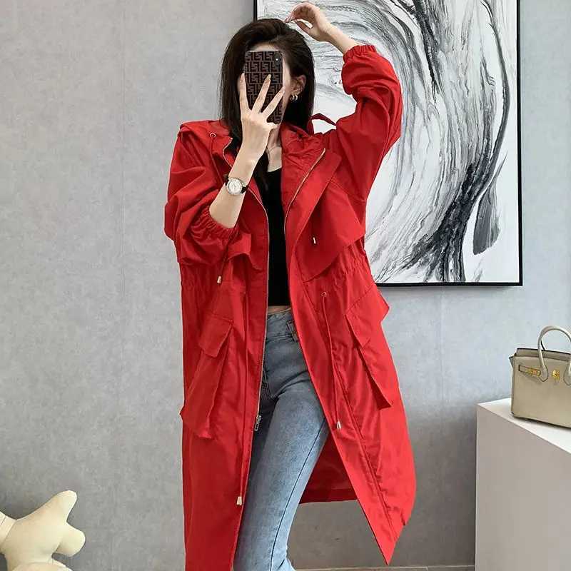 Spring and Autumn New Womens Thin Waist Loose Slim Coat Medium Length WindbreakerX240921