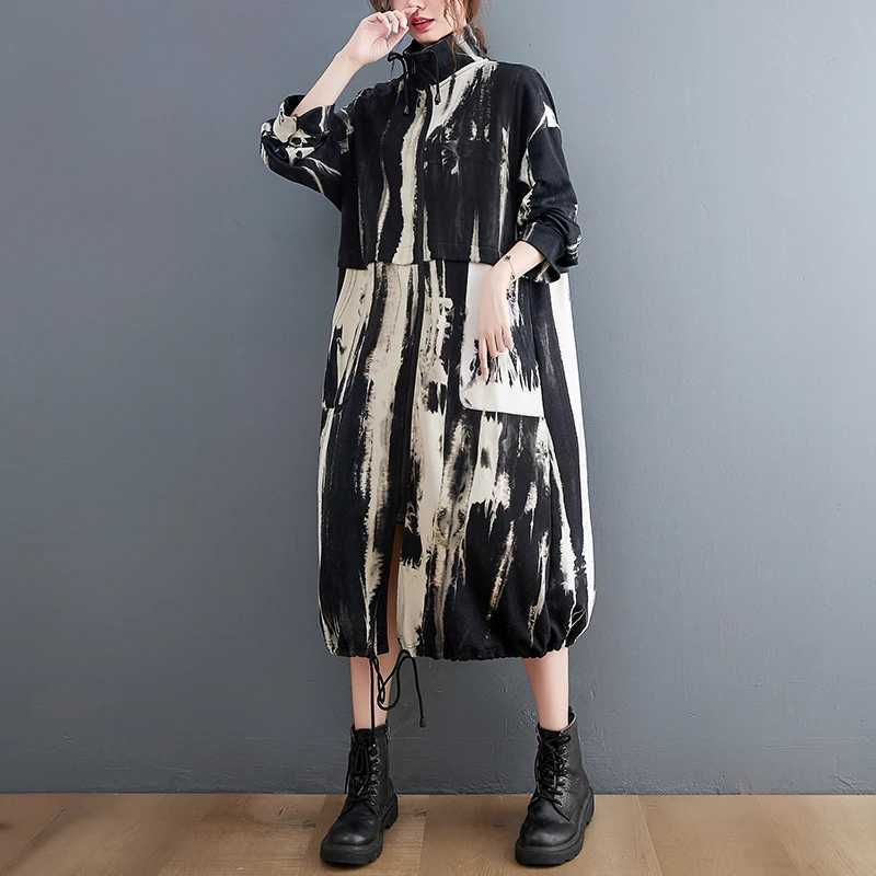 #3707 Tie Dye Printed Trench Coat Women Loose Stand Collar Windbreaker Coat Ladies Pockets Vintage Long Trenchcoat Female ZipperX240921