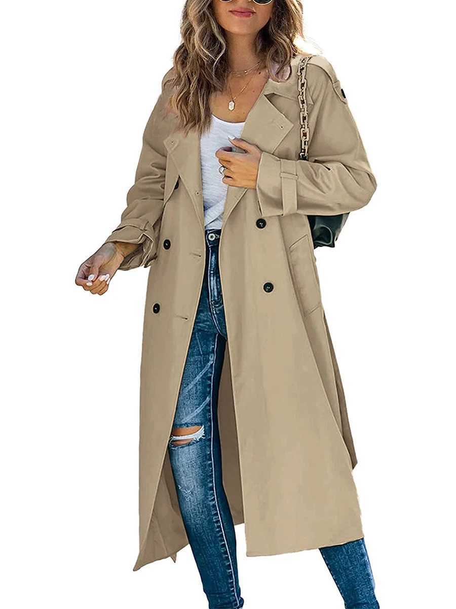 Women Classic Long Trench Coat Solid Color Double-Breasted Lapel Long Sleeve Windproof Overcoat with Belt Baggy StreetwearX240921