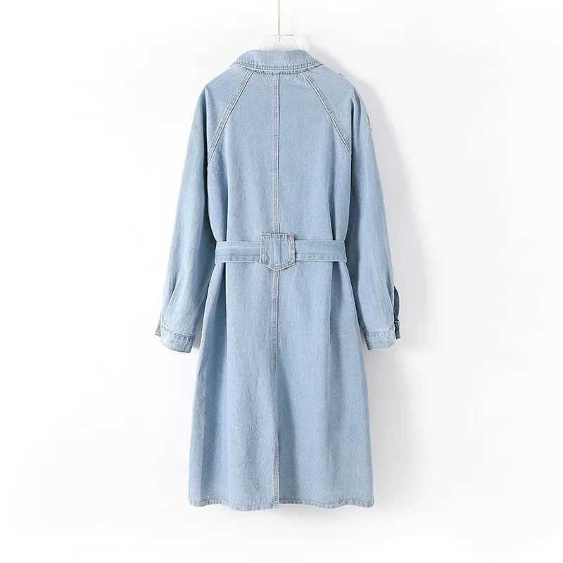 Blue Long Denim Trench Coat With Belt Womens Single Breasted Style Turn-down Collar Denim Jacket Spring Autumn Winter NewX240921