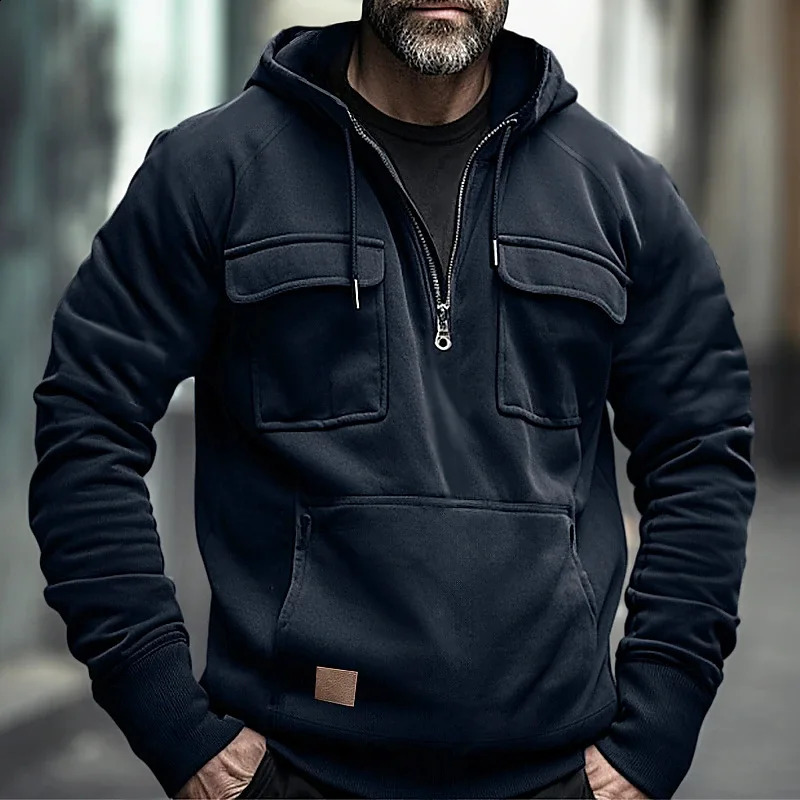 Mens Hoodie Brushed Sweatshirt Loose Pocket Long Sleeve Large Patch Pocket Half Zipper Elastic Cuff Mens Zipper Top 240919