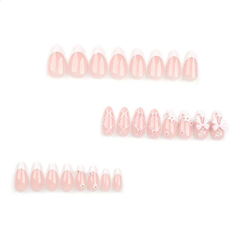 24Pcs White French Press on Nails Pink Bow Sweet Flower Pearl False Nail for Women and Nail Art Removable Wearing Nail 240914