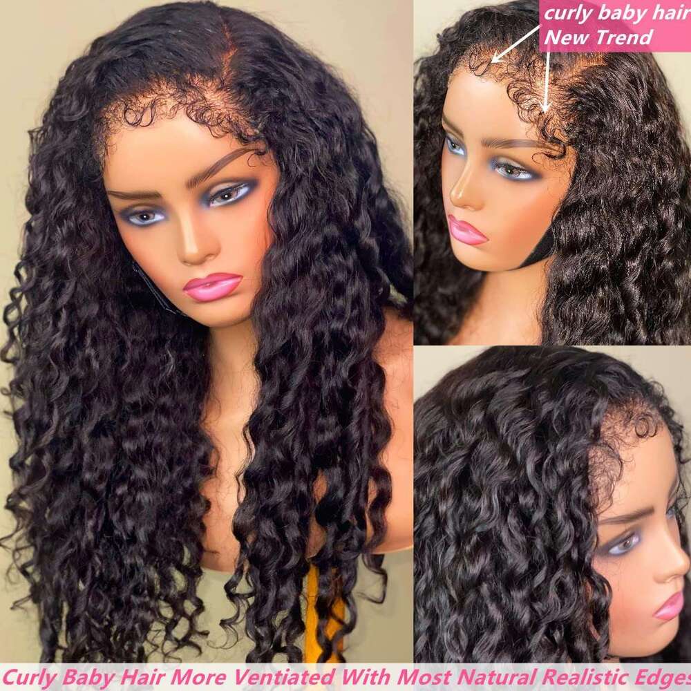 Deep Wave 13x4 Frontal Wig Kinky Curly Baby Front 13X6 4C Edges Transparent Lace Human Hair Wigs