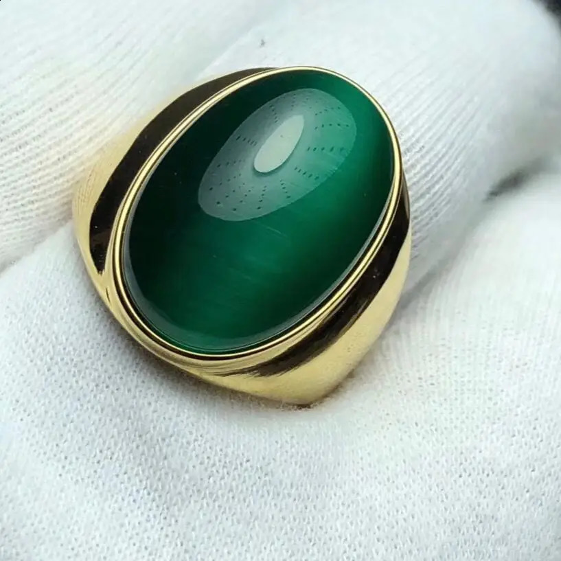 18k gold womens ring stainless steel jewelry with large cat eye stone unpainted mens accessories mens ring high quality 240918