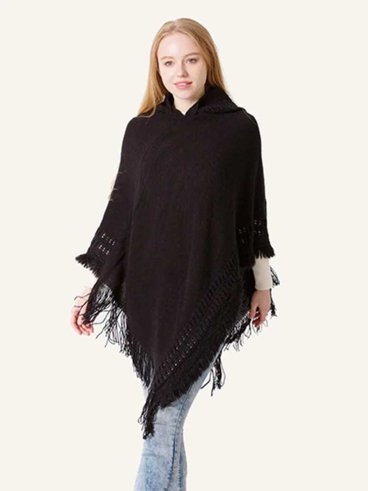 Winter Knitted Hoodie Solid Color Pullover Sweater Womens Casual Tassel Batwing Sleeve Shawl Cape Womens Open Collar W240921