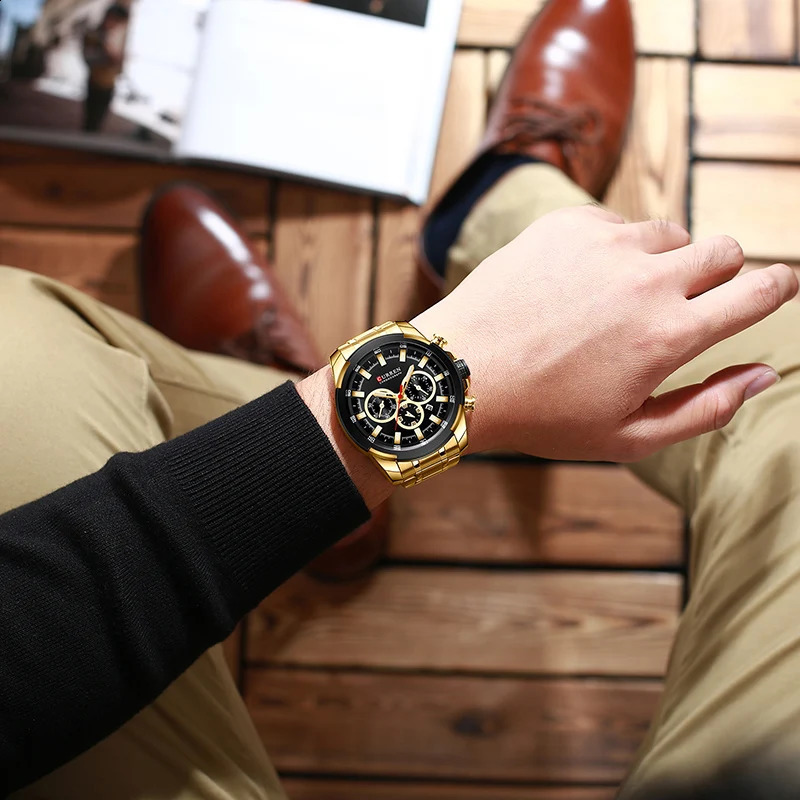 CURREN Mens Watches Top Big Sport Watch Men Military Steel Quartz Wrist Chronograph Gold n Male Clock 240919