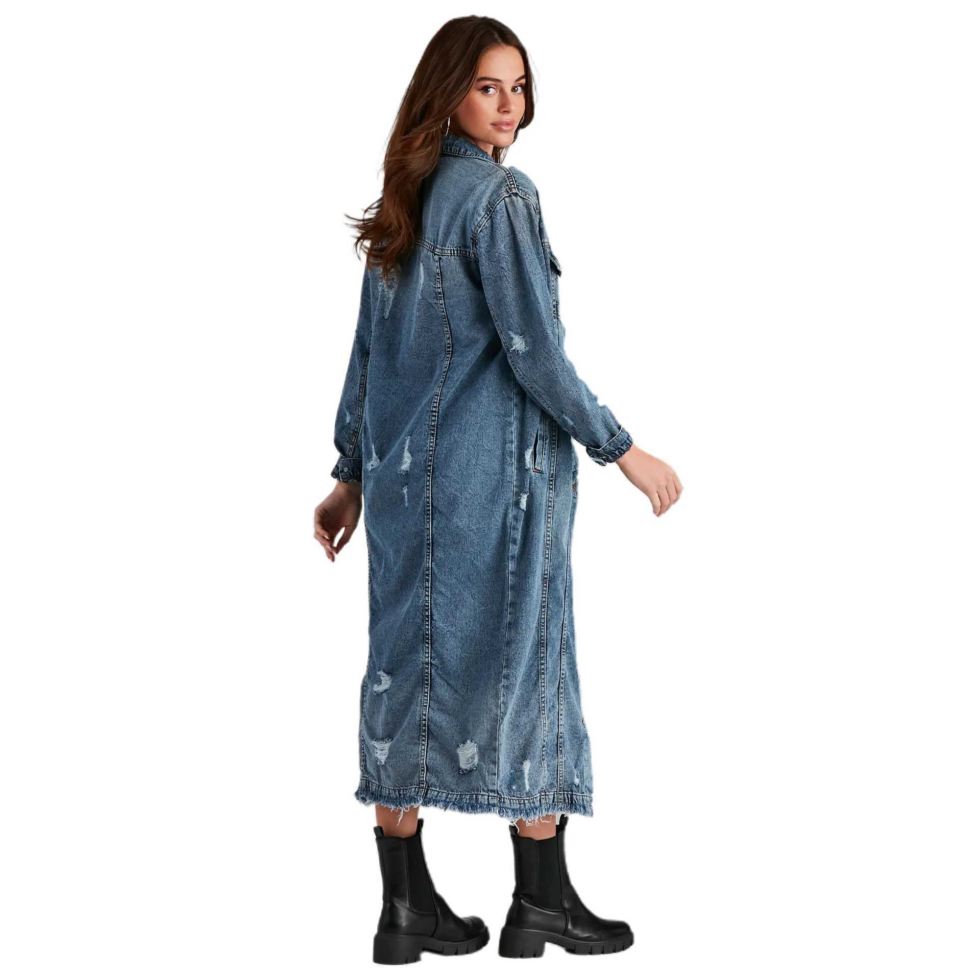 Trench Denim Jackets Single Button Coat Long Sleeve Turn Down Collar Loose Fit Button Solid Washed Distressed Casual PocketsX240921