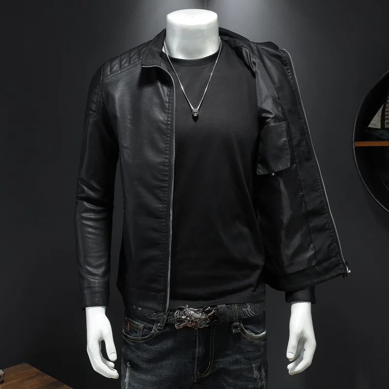 Spring And Autumn Motorcycle Solid Polo Neck Fashion Casual PU High Quality Men's Leather Jacket