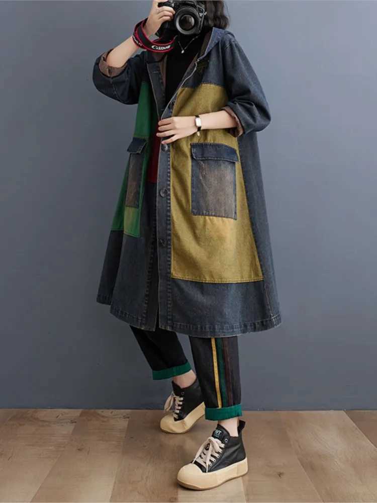 Oversized Autumn Denim Long Hoodies Trench Coat Women Modis Print Patchwork Ladies Windbreaks Casual Loose Woman Trench 2023X240921