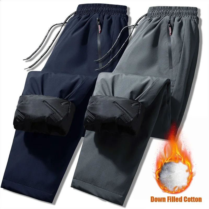 Winter Men Warm Down Pants Thick Sweatpants Drawstring Trousers Men Fleece Running Pants Warm Velvet Ankle-Tied Pants Joggers 240913