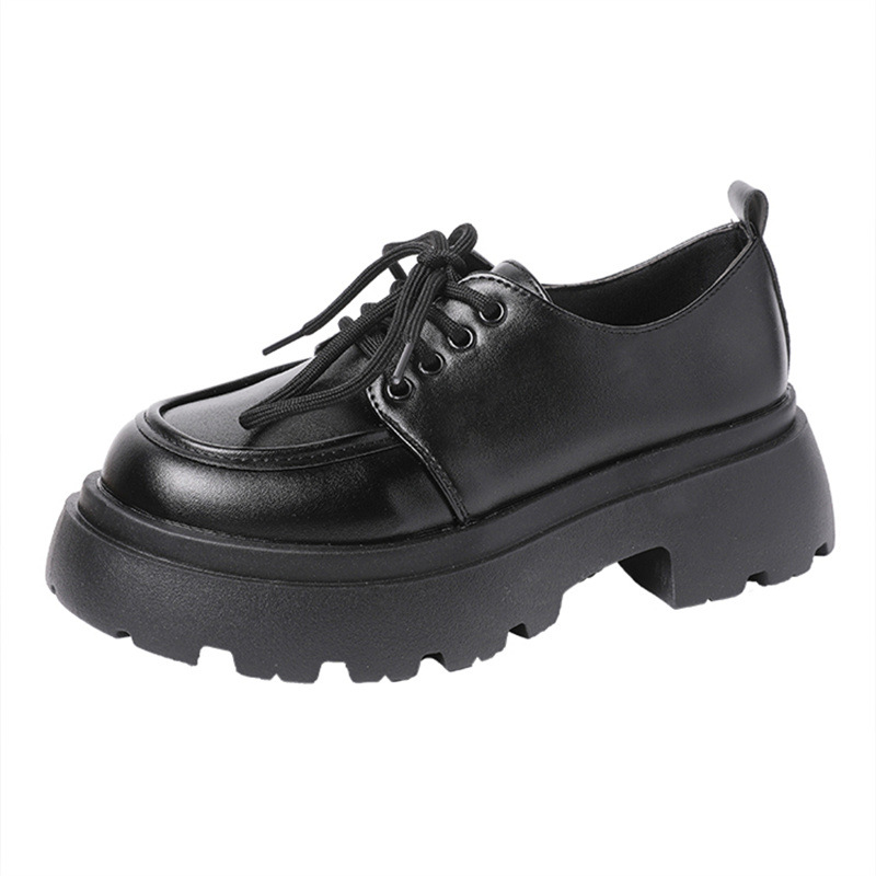 Casual Women's Leather Lace-Up Shoes: Versatile, Height-Boosting, Vintage Style in Triple Black 6970