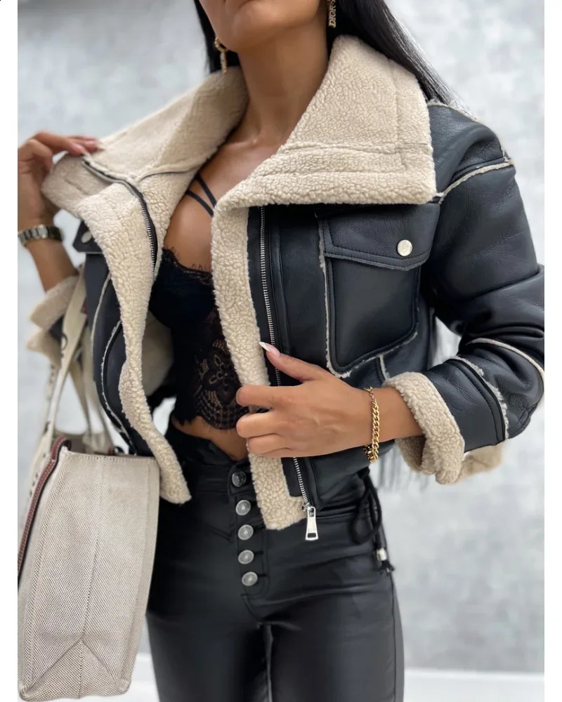 Artificial leather jacket womens PU short thick warm black jacket womens pilot retro lapel velvet jacket Year winter top 240921