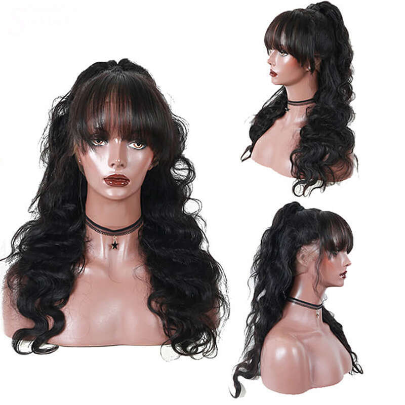 Body Wave Front Human Hair With Bangs Glueless 13x4 Lace Frontal Wig Fringe Cheap Brazilian Wigs On Sale Clearance