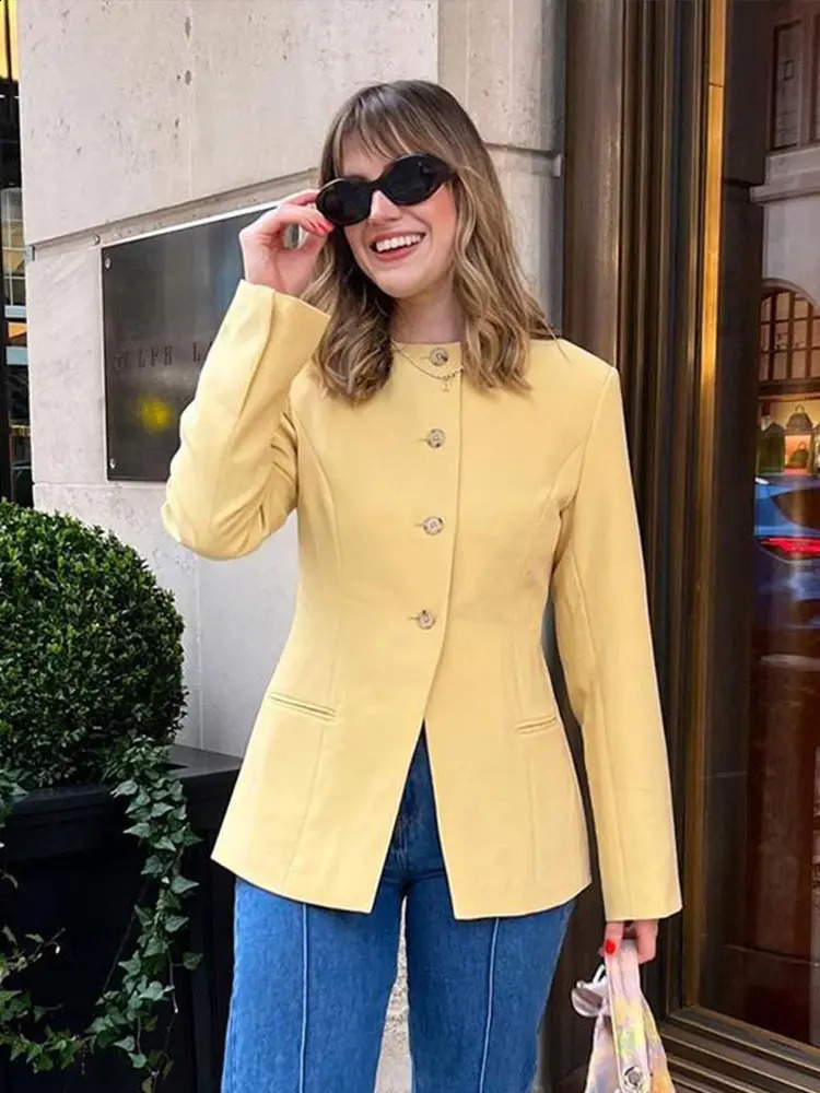Commute Suit Coat Women Minimalism O-neck Full Sleeves Single Breasted Front Split Female Blazer Coats 2024 Autumn Slim Lady Top 240918