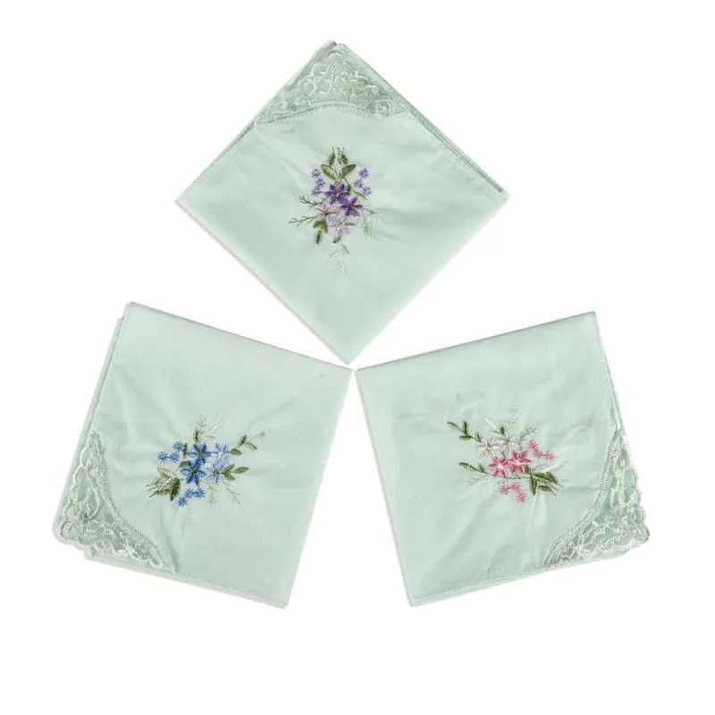 3Pcs 28x28cm Cotton Flower Embroidered Lace Hankie Towel Lady Handkerchiefs Women Washable Pocket Random ColorX240921