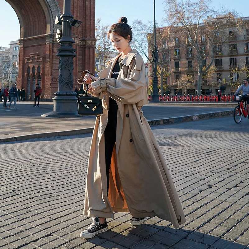 Korean Style Loose Oversized X-Long Womens Trench Coat Double-Breasted Belted Lady Cloak Windbreaker Spring Fall Outerwear GreyX240921