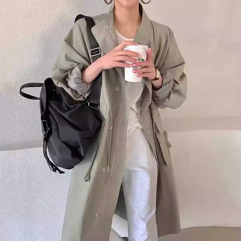 Trench Coat For Women Korean Style Long 2024 Autumn Retro Stand Up Collar Large Pockets Loose Casual Zipper Windbreaker K2368X240921