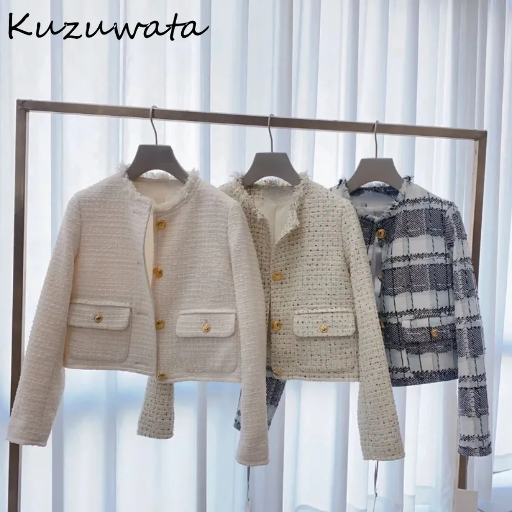 Kuzuwata Sweet O Neck Long Sleeve Elegant Coat Single Breasted Pocket All-Match Jacket Japan New Tweed Small Fragrance Outwears