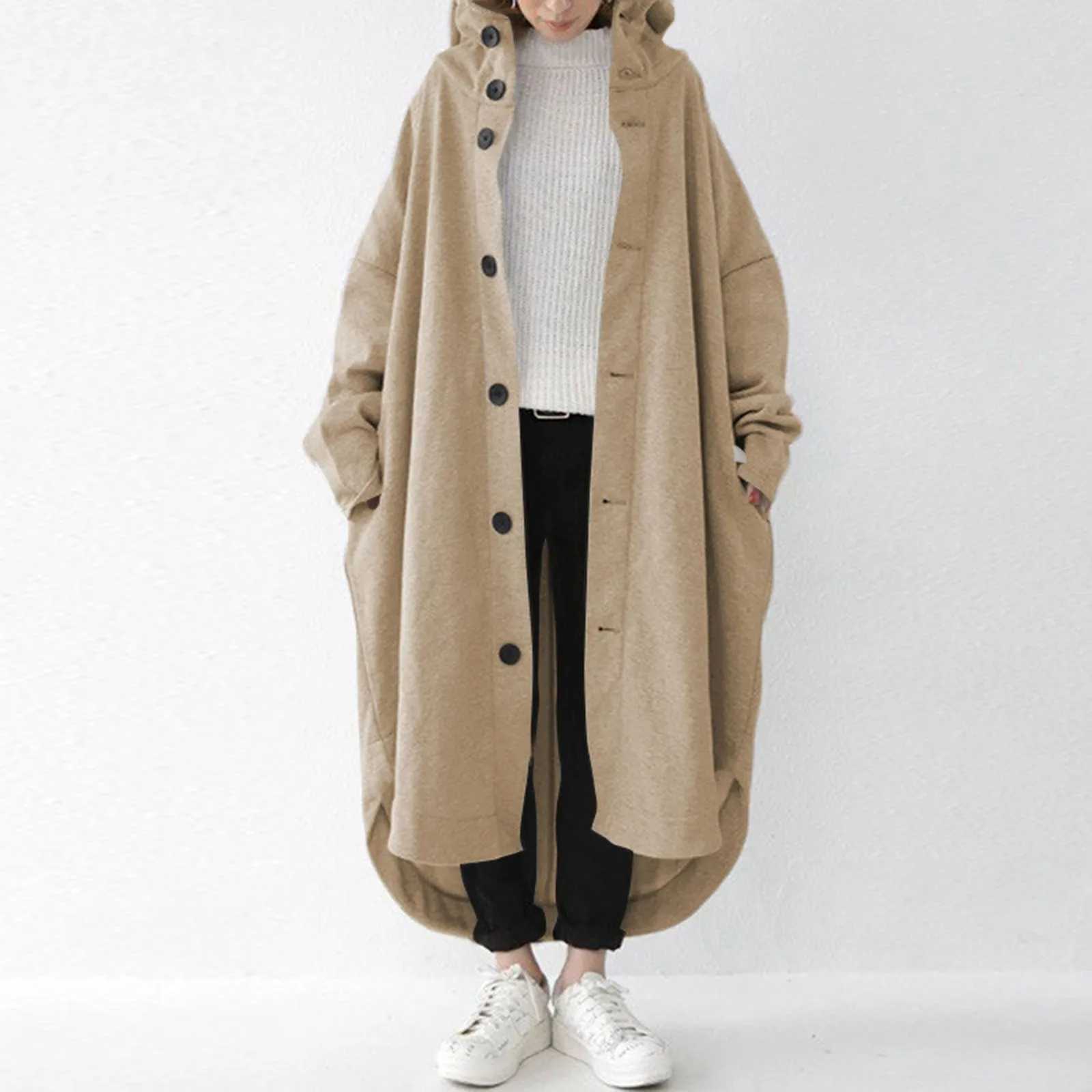 2024 Autumn Casual Korean Style Trench Coat Fashion Hooded Medium Long Overcoat Loose Windproof Women Solid Color Pocket CoatX240921