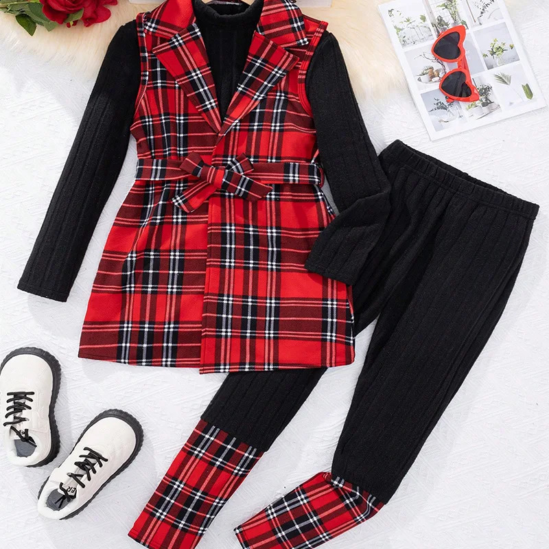 Three Piece Set For Winter Girls Cute And Warm Christmas Plaid Printed Jacket Long Sleeved Pants Princess Birthday Party Dress 240911