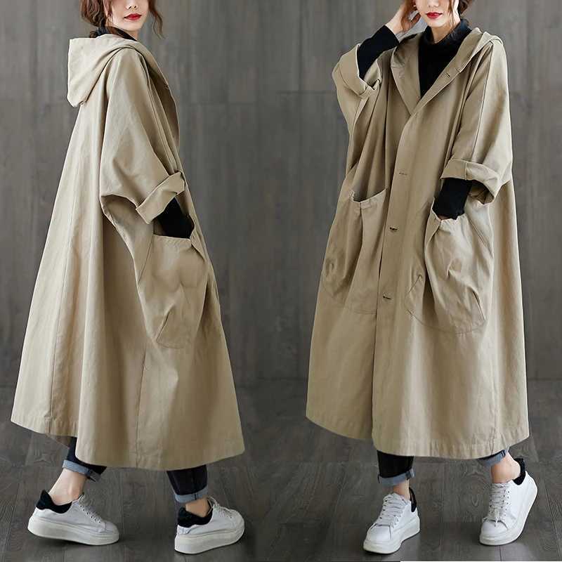 Woman Long Coat Fashion Korean Windbreaker Big Size Ladies Trench 2021 Autumn Hooded Loose Pockets Cardigan Women Long CoatX240921