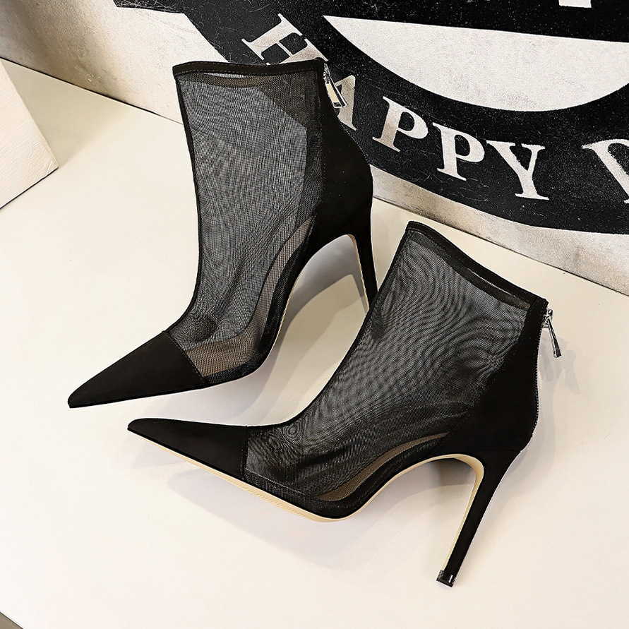 CMM Sexy Nightclub Show Thin Perspective Mesh Hollow High Heels Womens Shoes Thin Heels Pointed Boots