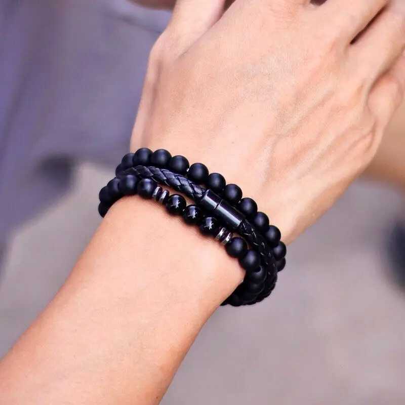 Trendy Men Bracelet Set 3pcs Minimalist Leather Braclet 8mm Natural Tiger Eyes Stone Braslet Beaded Brazalete Pulsera Homme GiftX240921