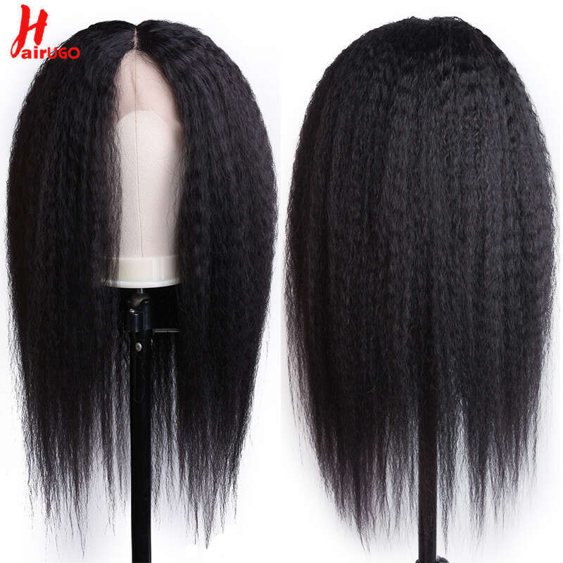 HairUGo 13*1 T Kinky Straight Remy Part For Women Human Hair 250% High Density Lace Closure Wigs